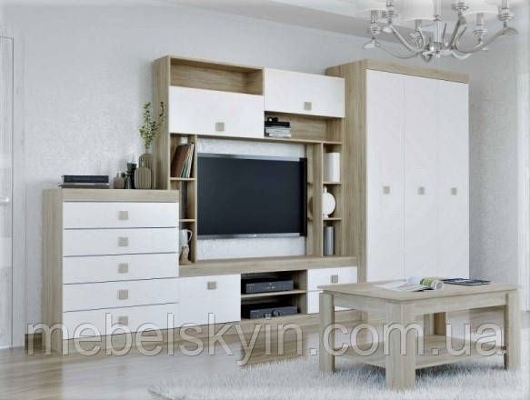 Стінка Сонет для вітальні з шафою, венге з білим 1722327884 фото