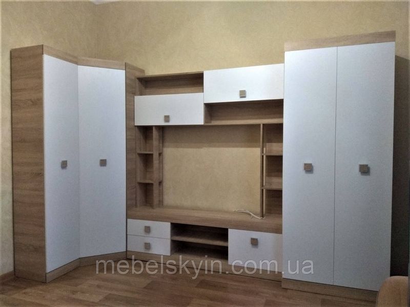Стінка Сонет для вітальні з шафою, венге з білим 1722327884 фото